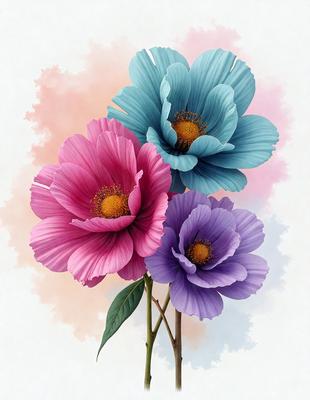 The primary subject of the image is a bouquet of three different colored flowers, which are pink, purple, and blue. The flowers are arranged in a vase, creating a visually appealing display. The setting is a room with a pink background, which adds a warm and inviting atmosphere to the scene. The visual style of the image is a painting, which showcases the artist's skill in capturing the beauty of the flowers and their colors. The colors and mood of the image are vibrant and